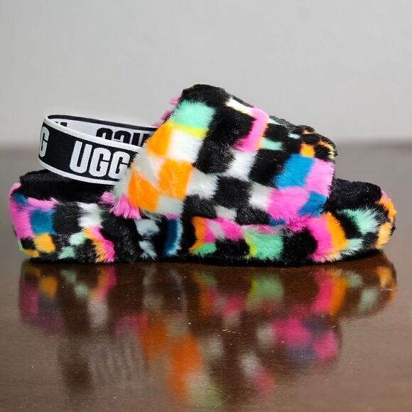 UGG Fluff Yeah Slide Sandal Women's Size 6 Checkered Faux Fur Black White Pink - Picture 8 of 13